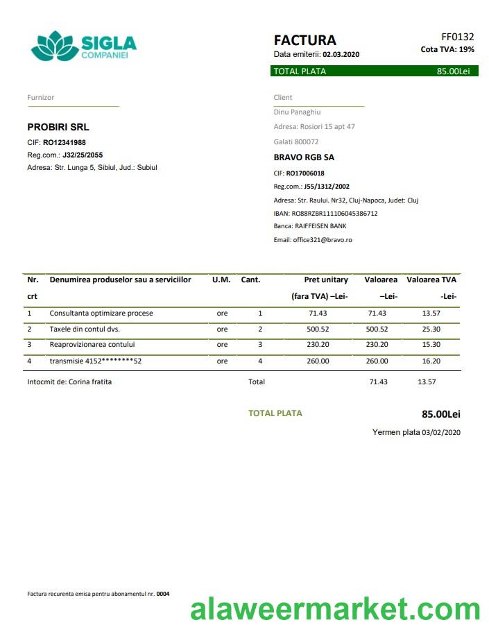 Romania SIGLA COMPANIEI utility bill template in Word and PDF format